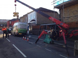 A spider crane was used to hoist the panes into place